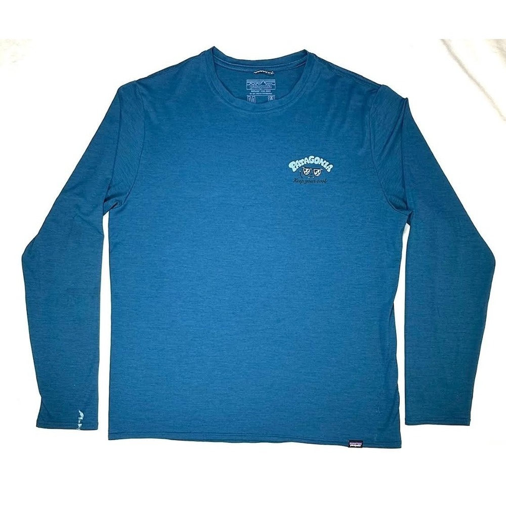 Patagonia Men's Long-Sleeved Teal Blue Capilene Graphic Shirt Medium READ